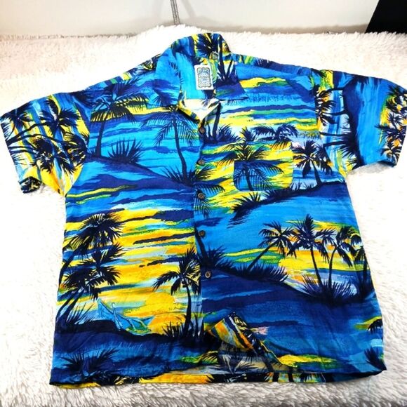 Vintage Ocean Current Hawaiian Shirt Men XL Blue Palm Tree Sun Set Print....... - Picture 4 of 8